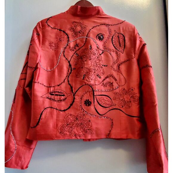 Bleu Bayou Jacket Open Blazer Silk Embroidered MED Art to Wear Coral/Red/Black - Picture 5 of 11